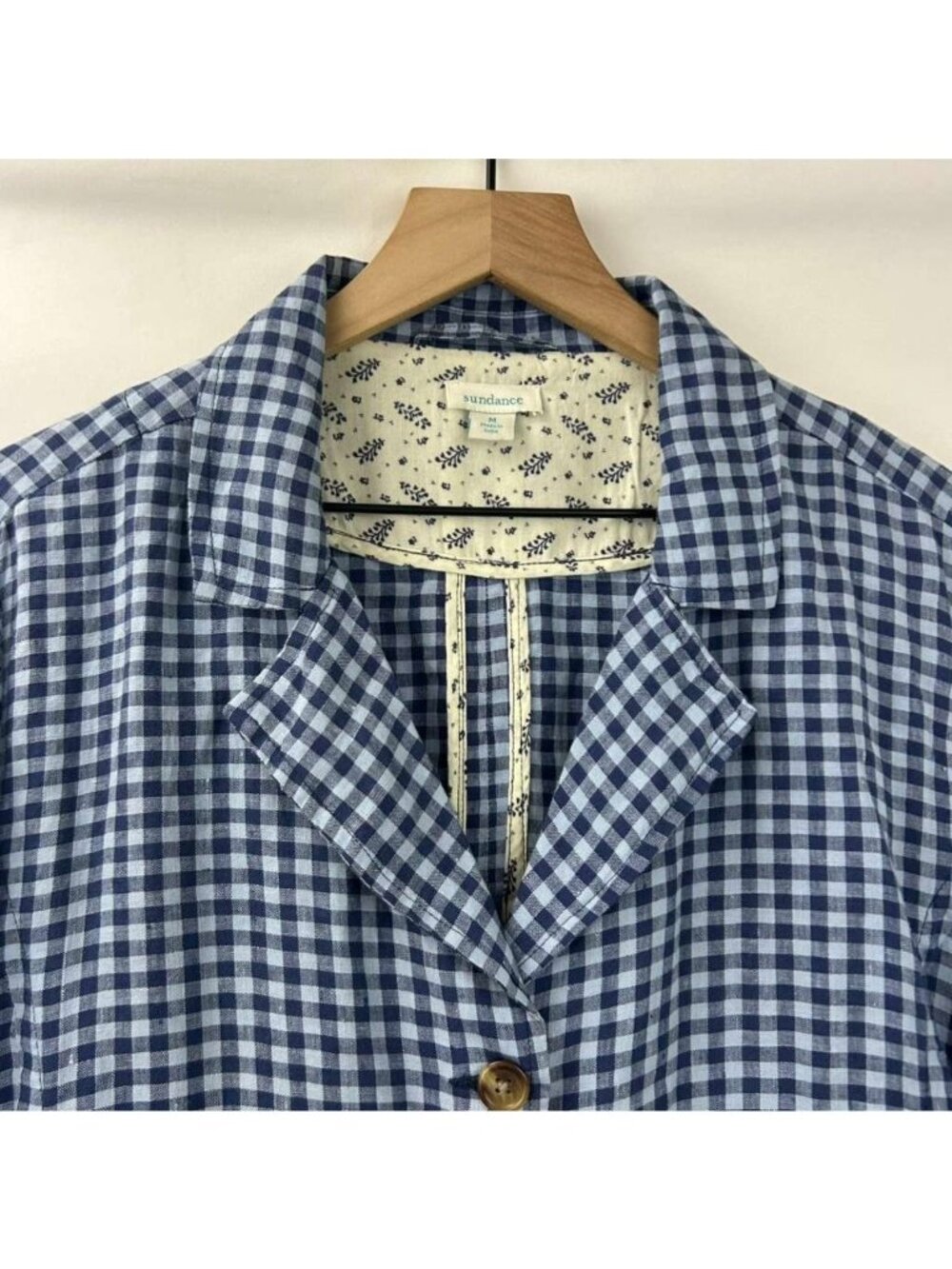Sundance Ziri Blazer Jacket Women's Medium Blue 100% Linen Ginham Button Up - Picture 14 of 15